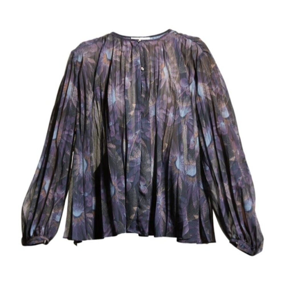 Vince Deco Pleated Blue Floral Blouse Top Lightweight Sheer Women's Small NWT